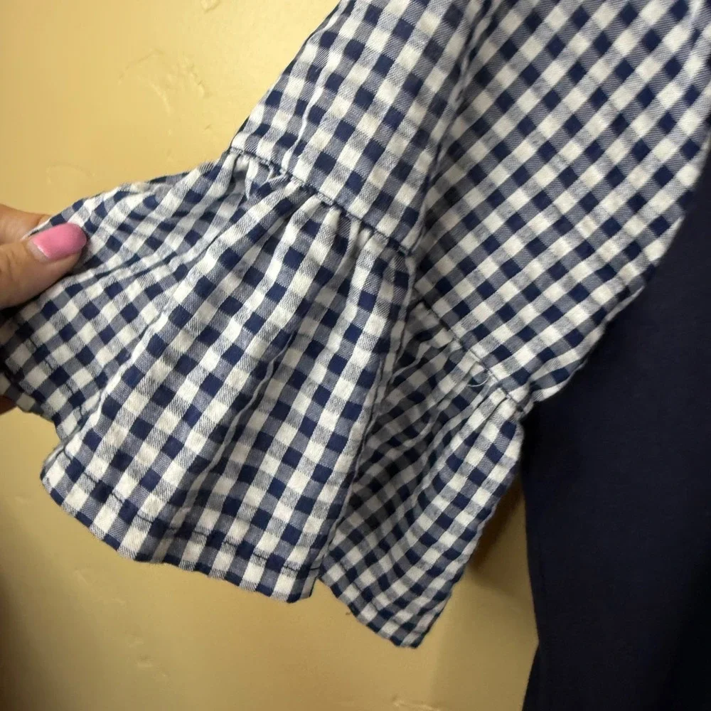 J. Crew Printed‎ Navy Blue Dress Gingham Ruffle Bell Sleeve Cotton Career M
